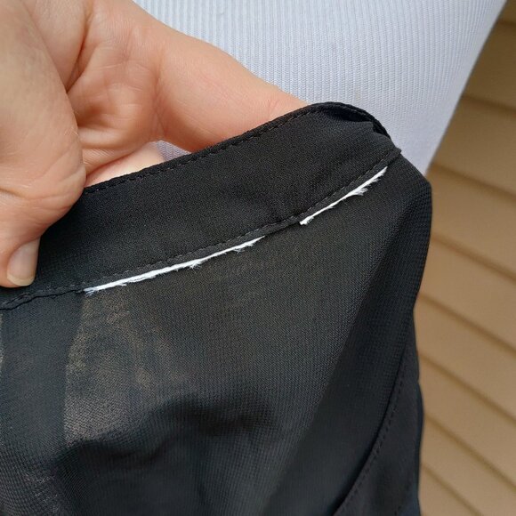 Liz Claiborne Striped Button-Up Blouse Black White Sheer High Neck Short Sleeves - Picture 10 of 11